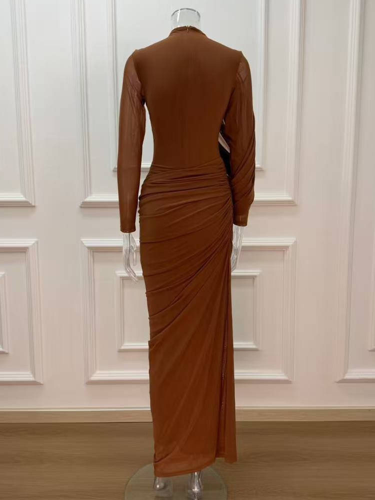 Womens High Neck Maxi Dress, Long Sleeve Draped Wedding Guest Dress, Elegant Formal Evening Dress