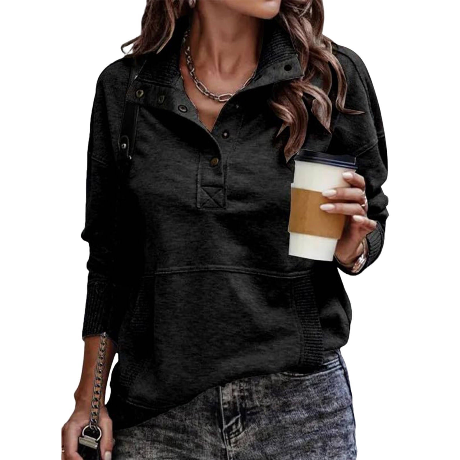 Women's Casual Long Sleeve Stand Neck Sweatshirt, Lightweight Button Drawstring Pullover Top, V Neck Plus Size Clothes 2026