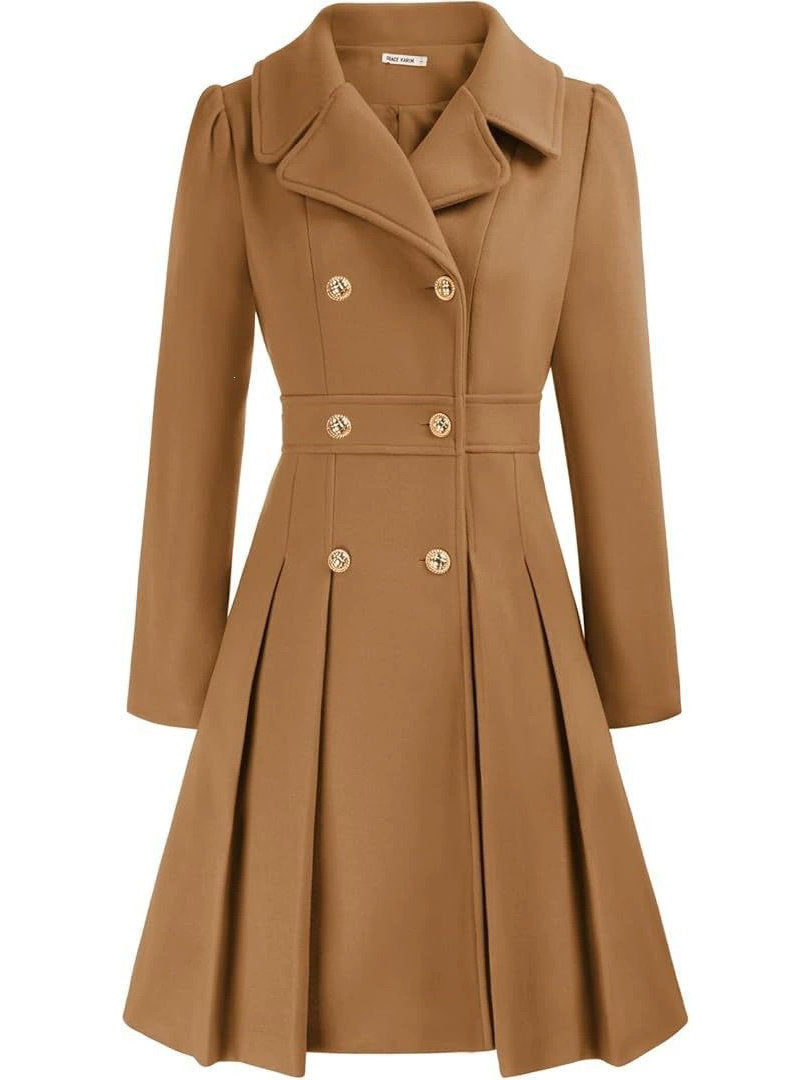 Womens Double Breasted Trench Coat, Thick A Line Peacoat, Notch Lapel with Pockets