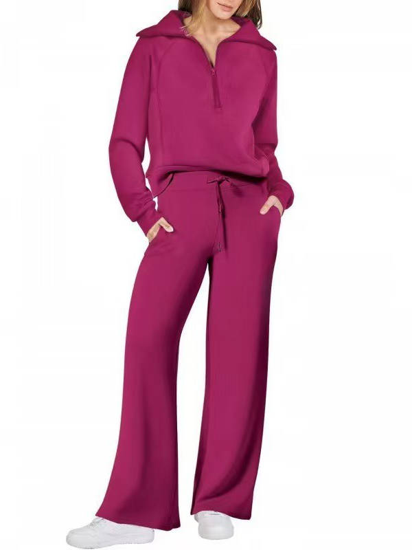 Women's 2 Piece Outfits, Casual Lapel Half Zip Sweatshirt and Wide Leg Pants Tracksuit Set