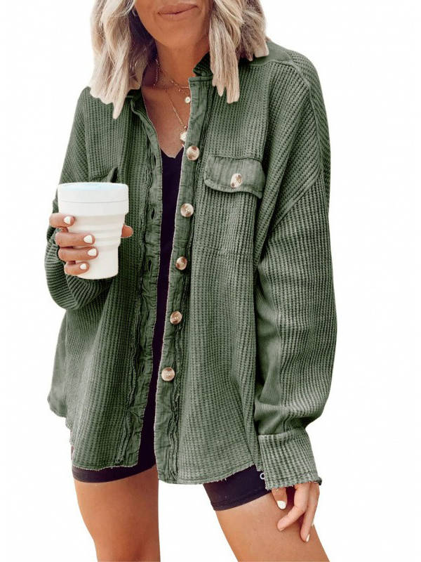 Oversized Waffle Knit Shirt Women Fall Shacket, Corduroy Long Sleeve Button Down Shirt Jacket