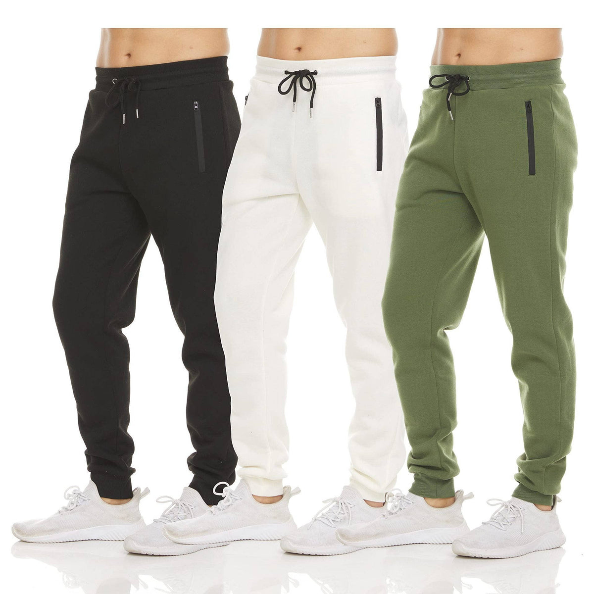 Mens Sweatpants 3 Pack, Fleece Athletic Joggers, Workout Pants with Zipper Pockets