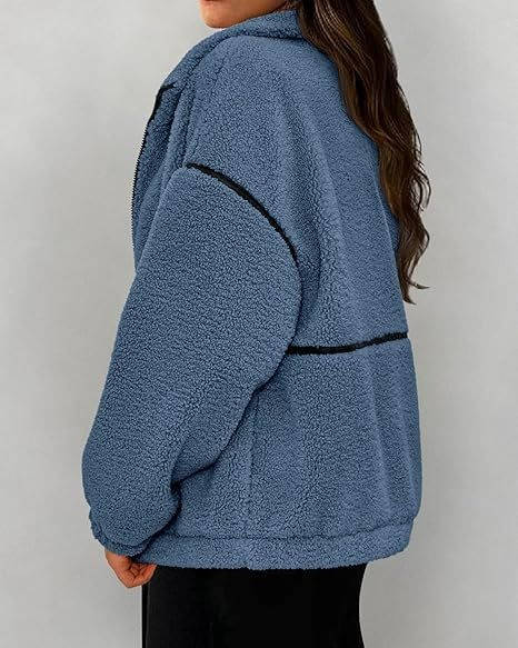 Womens Fleece Zip Up Jacket, Oversized Color Block Teddy Coat with Pockets, Warm Fall Winter Outerwear