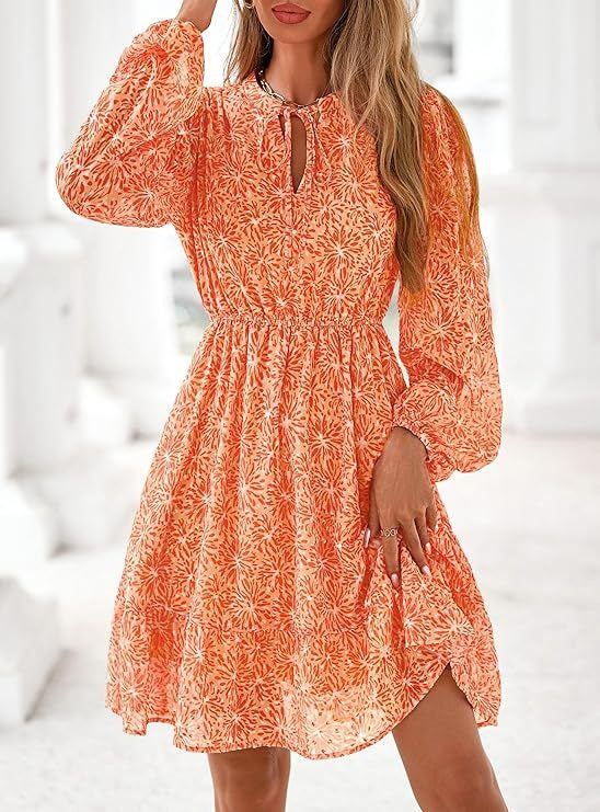 Women's Fall Boho Dresses, 2026 Floral Long Sleeve V Neck Mini Flowy Wedding Guest Dress, Trendy Vacation Outfit