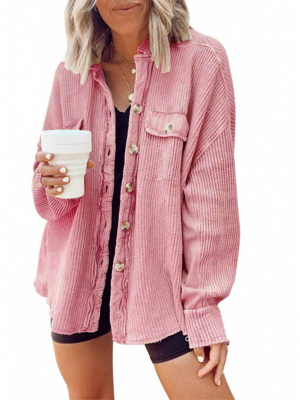 Oversized Waffle Knit Shirt Women Fall Shacket, Corduroy Long Sleeve Button Down Shirt Jacket