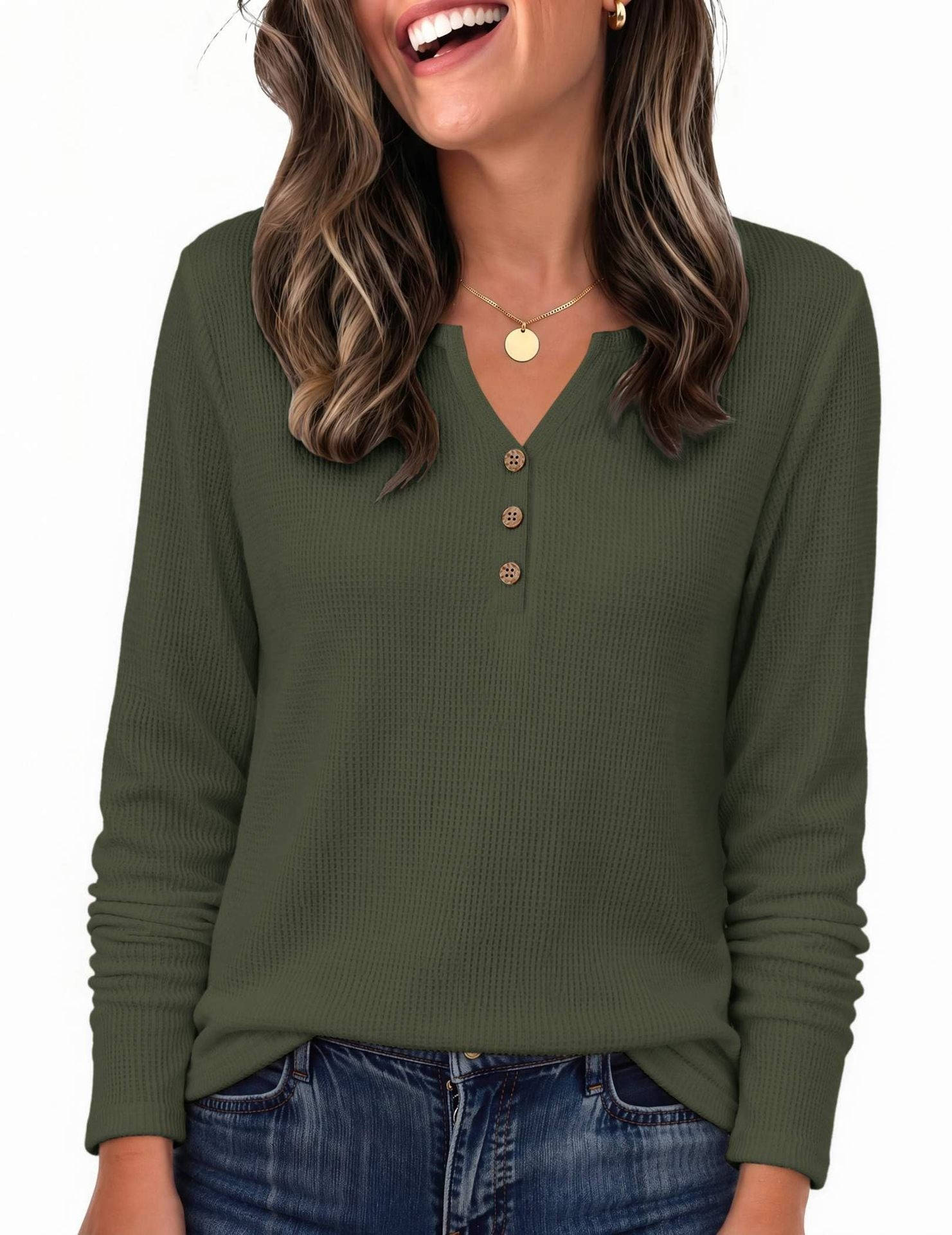 Women's Long Sleeve Waffle Knit Shirts, Dressy Casual Loose Button Up V Neck Tops, Fall Basic Tee Blouse