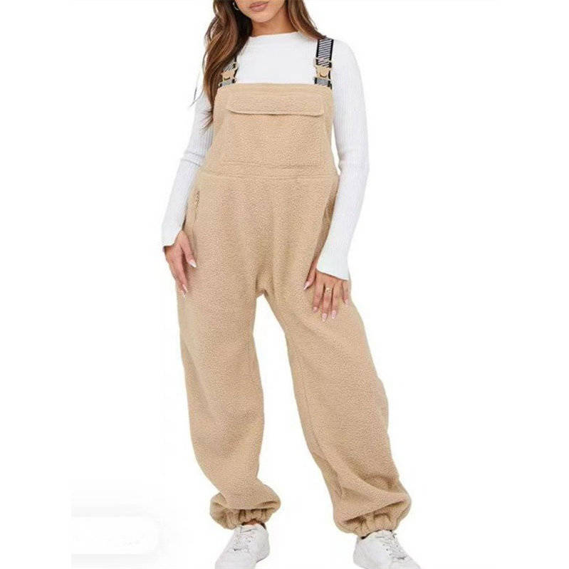 Womens Sherpa Overalls, Fleece Bib Pants, Loose Fit Thermal Jumpsuit with Adjustable Straps and Pockets