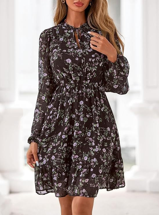 Women's Fall Boho Dresses, 2026 Floral Long Sleeve V Neck Mini Flowy Wedding Guest Dress, Trendy Vacation Outfit