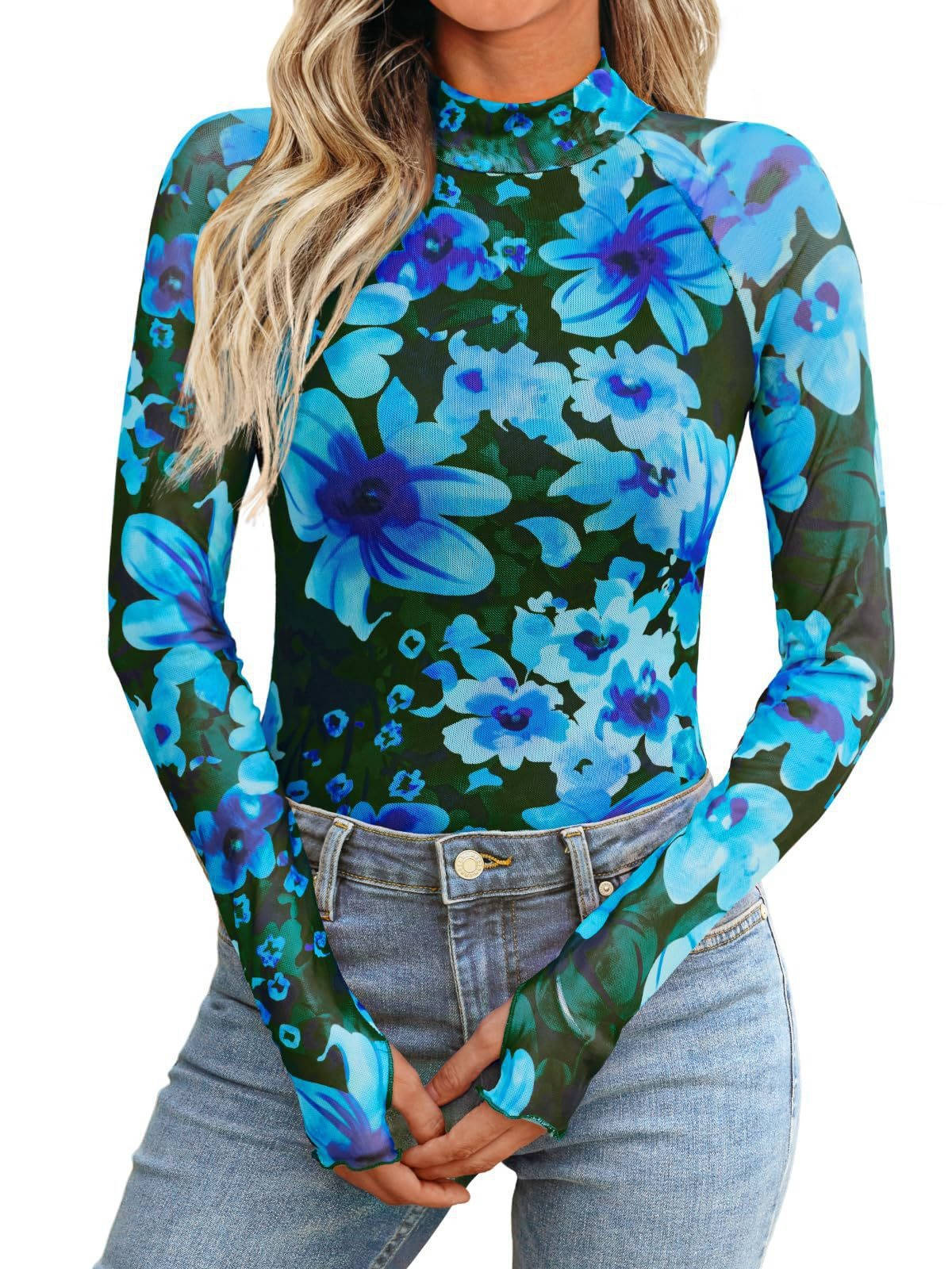 Women's Lace Sheer Floral Mesh Tops, Slim Fitted Lightweight Going Out Top, Fashion Fall Outfits with Thumb Holes