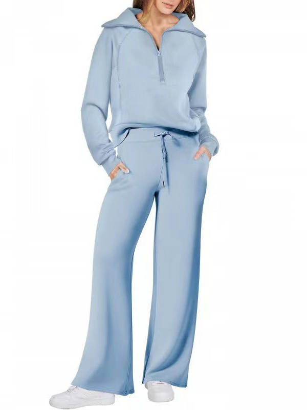 Women's 2 Piece Outfits, Casual Lapel Half Zip Sweatshirt and Wide Leg Pants Tracksuit Set