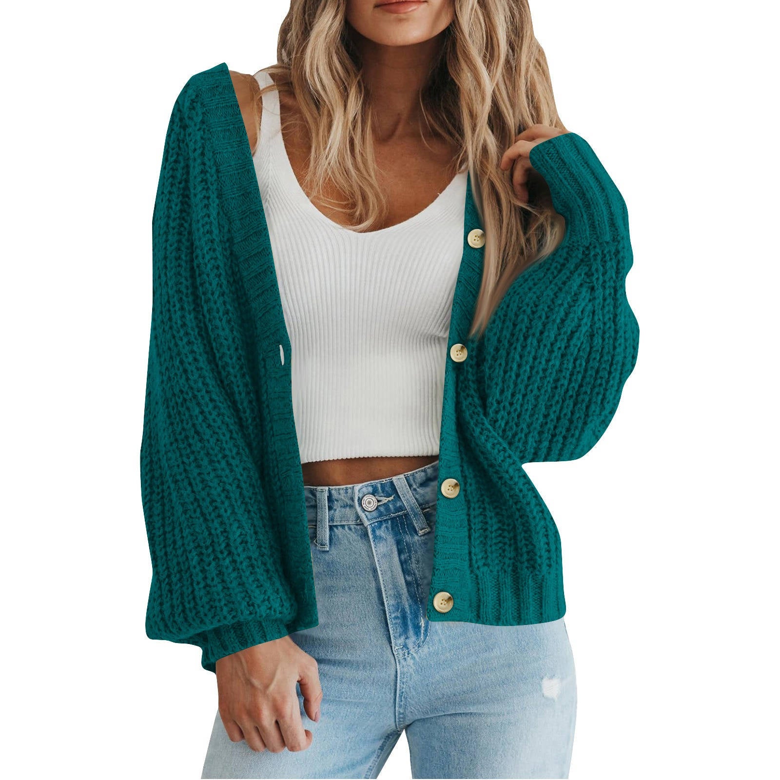 Women's Chunky Knit Open Front Sweater, Long Sleeve Button Loose Short Cardigan Outerwear Coat