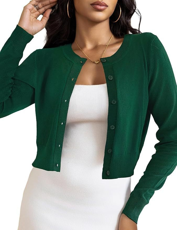 Cropped Cardigan Bolero Shrug for Women, Button Down Long Sleeve Knit Sweater for Dresses and Jeans