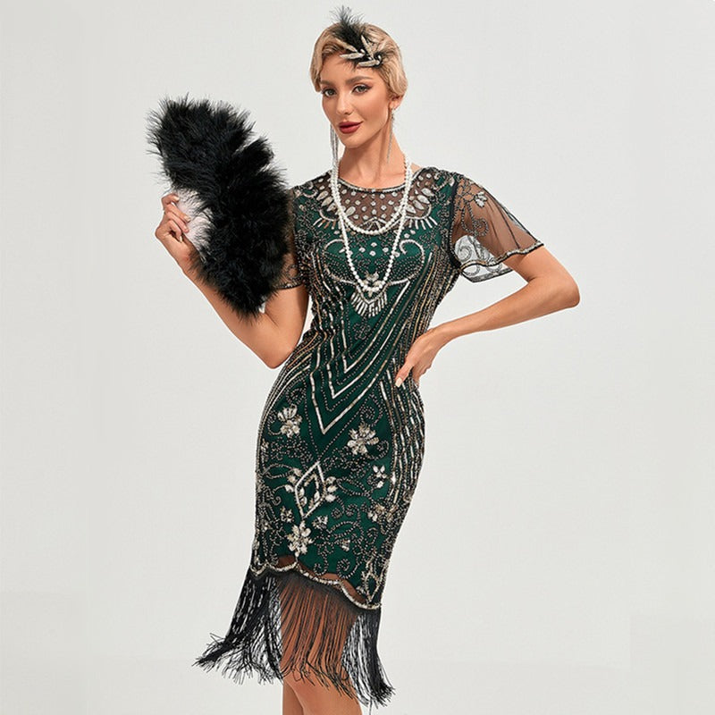 Womens Flapper Dress, 1920s Dress, Great Gatsby Lace Neck, Roaring 20s Costume with Sleeves