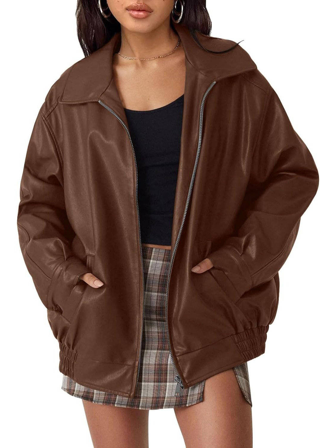 Womens Oversized Faux Leather Jacket, Boyfriend Biker Moto Coat, Medium Weight Fall Winter Outerwear