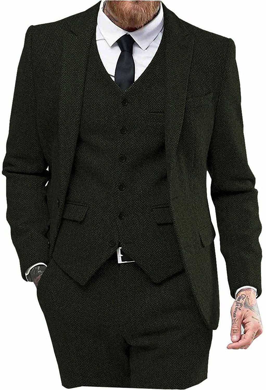Men's 3 Piece Tweed Suit, Herringbone Blazer, Vest & Pants, Formal Business & Groom Outfit