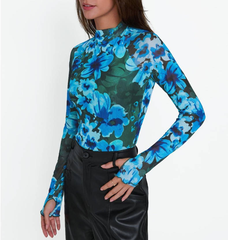 Women's Lace Sheer Floral Mesh Tops, Slim Fitted Lightweight Going Out Top, Fashion Fall Outfits with Thumb Holes