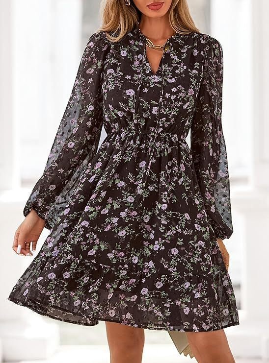 Women's Fall Boho Dresses, 2026 Floral Long Sleeve V Neck Mini Flowy Wedding Guest Dress, Trendy Vacation Outfit
