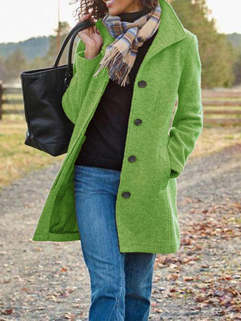 Women's Wool Blend Pea Coat, Button Front, Long Sleeve Winter Jacket