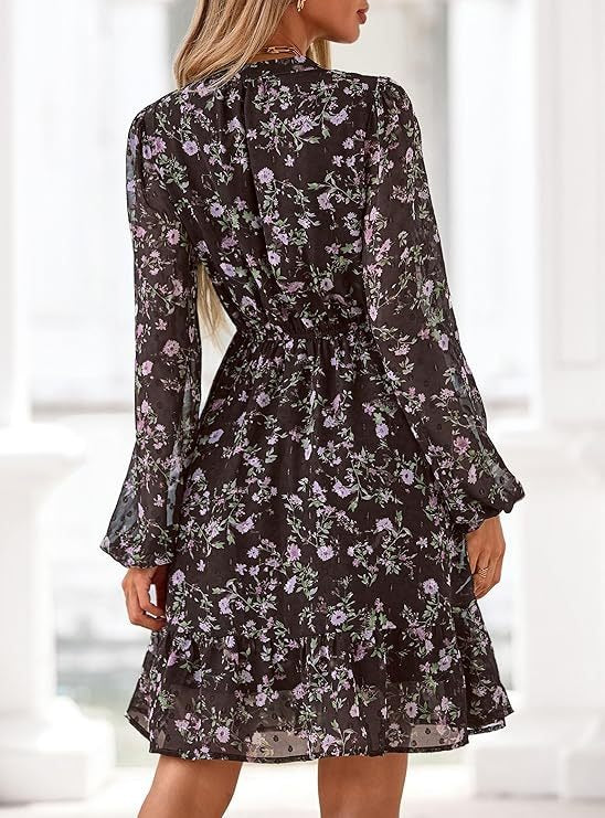 Women's Fall Boho Dresses, 2026 Floral Long Sleeve V Neck Mini Flowy Wedding Guest Dress, Trendy Vacation Outfit