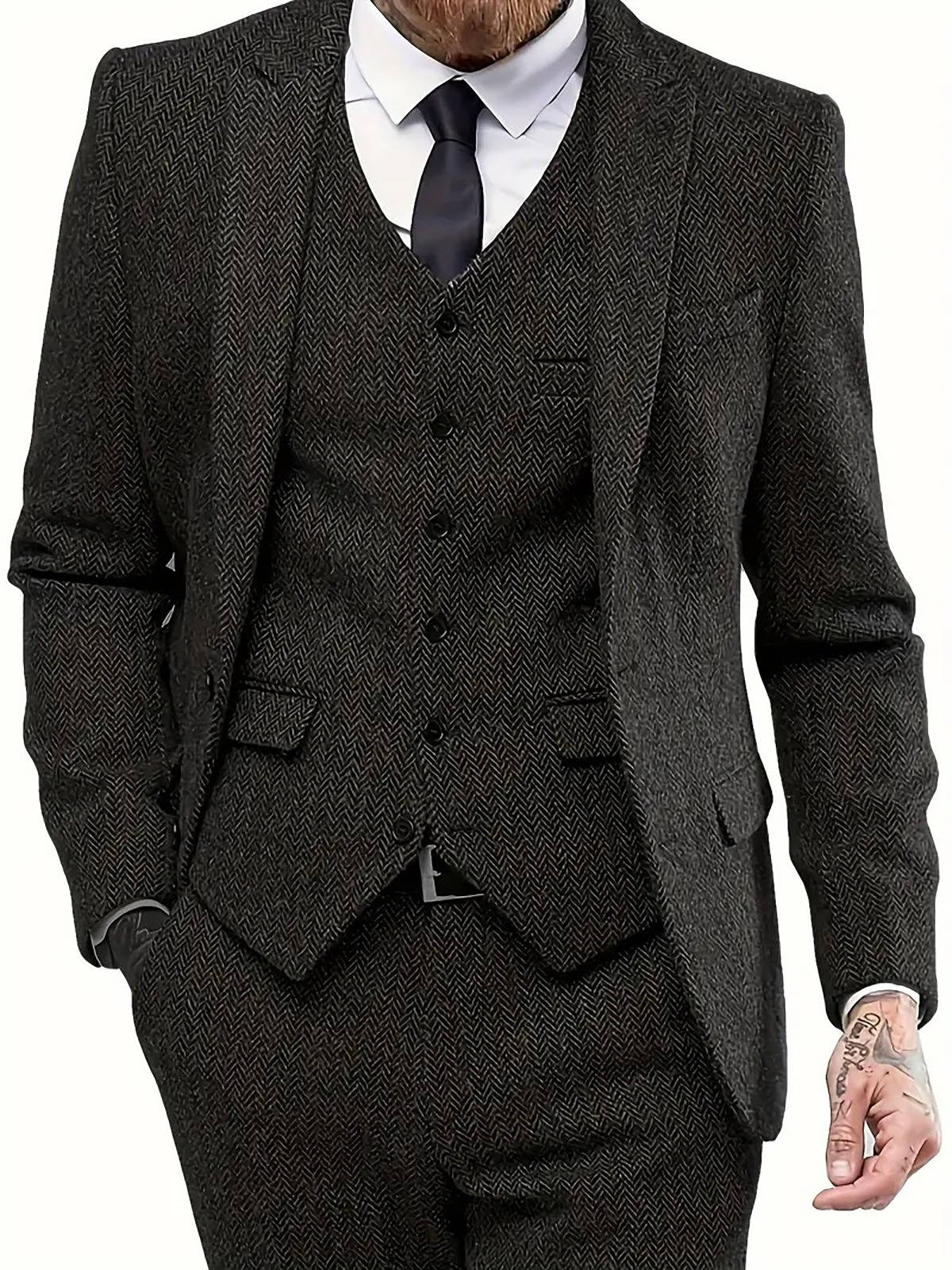 Men's 3 Piece Tweed Suit, Herringbone Blazer, Vest & Pants, Formal Business & Groom Outfit