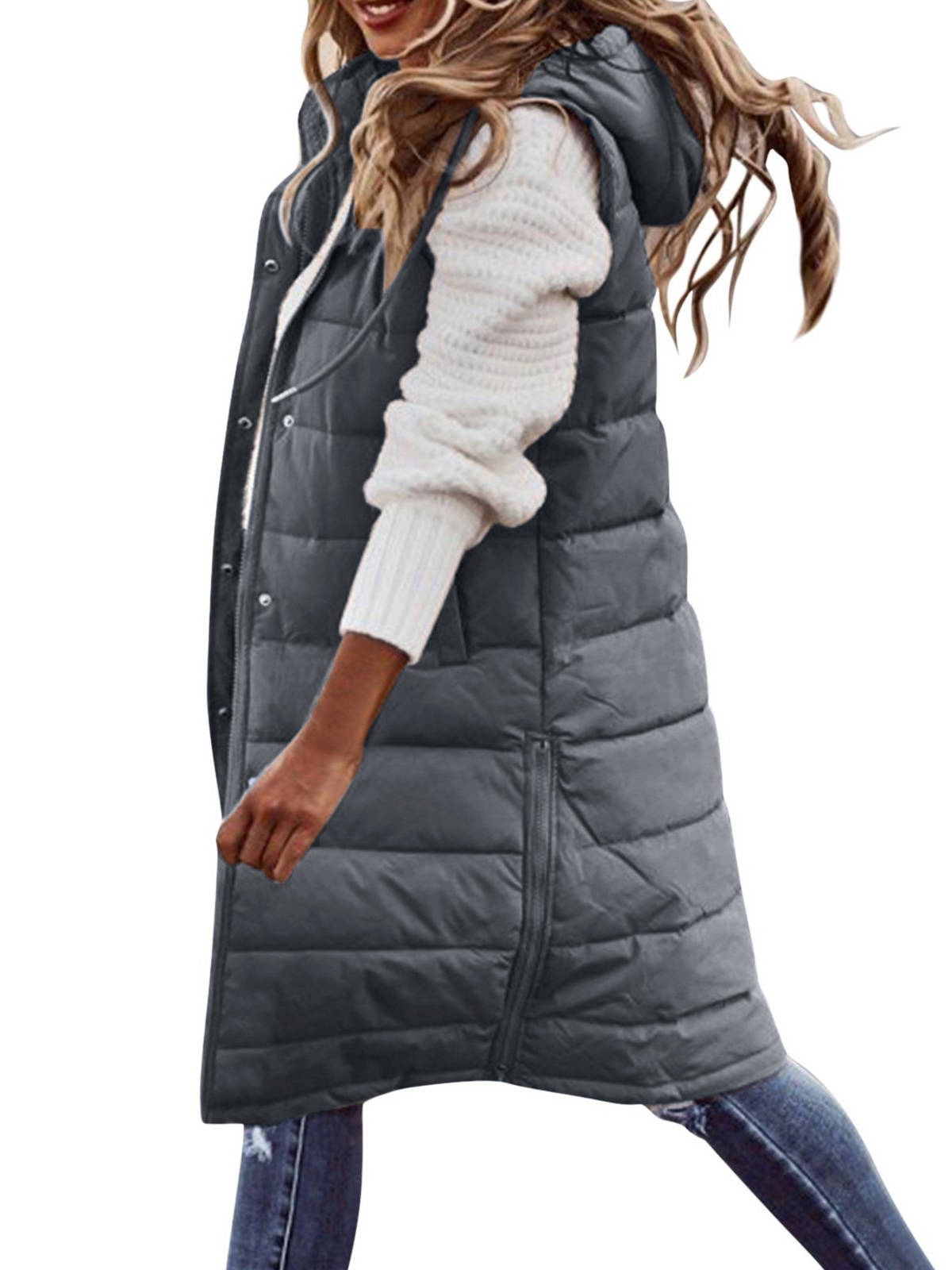 Women's Knee Length Puffer Vest, Hooded Quilted Zip Up Long Vest, Warm Winter Outerwear