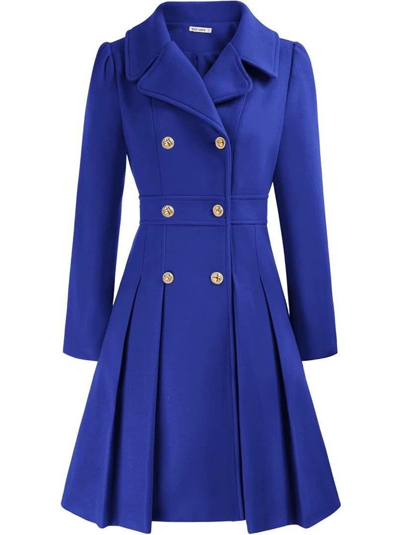 Womens Double Breasted Trench Coat, Thick A Line Peacoat, Notch Lapel with Pockets