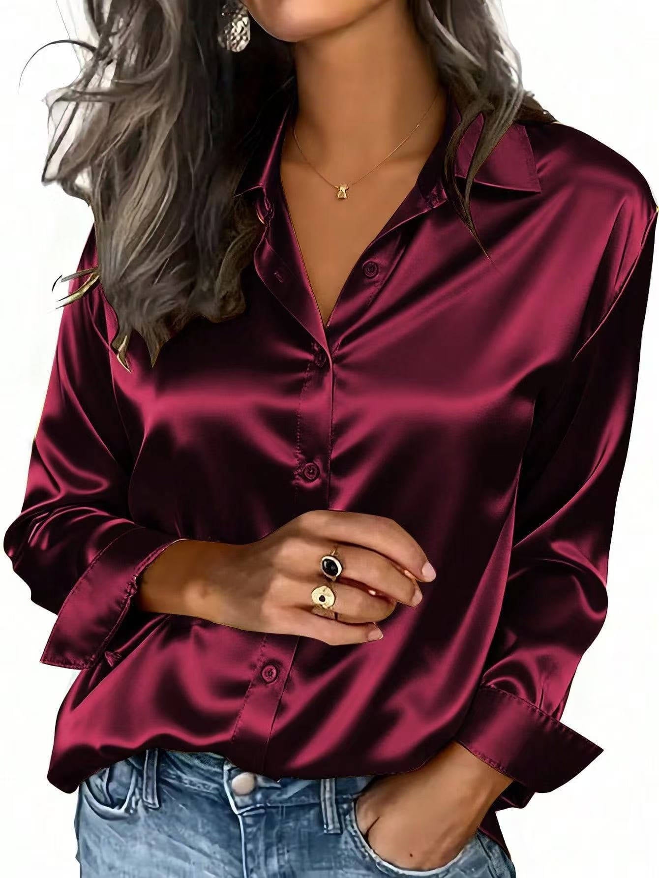 Satin Blouses for Women, Silk Button Down Shirts, Long Sleeve Business Casual Top