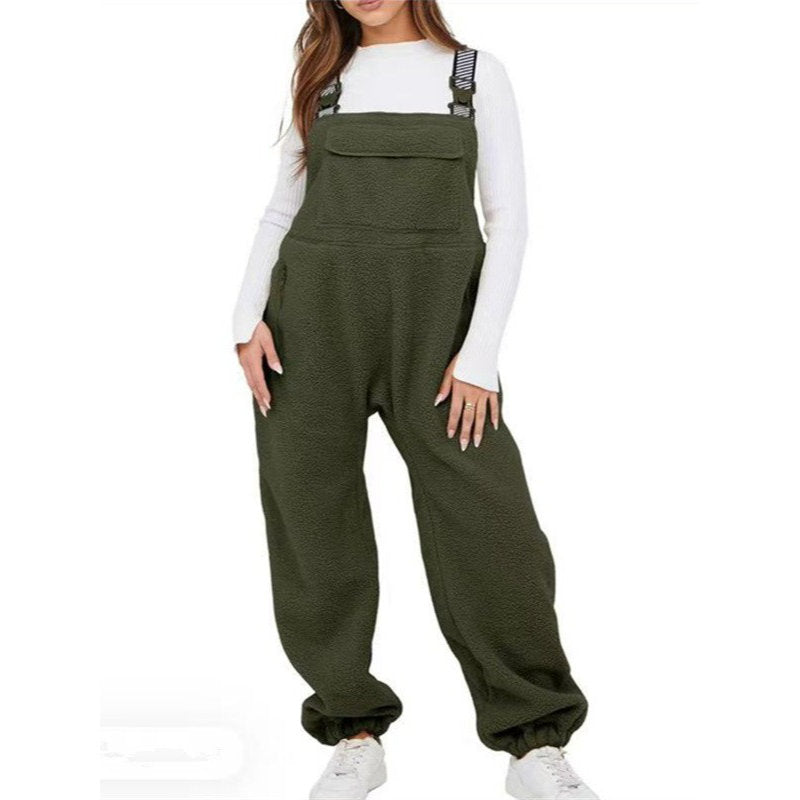 Womens Sherpa Overalls, Fleece Bib Pants, Loose Fit Thermal Jumpsuit with Adjustable Straps and Pockets