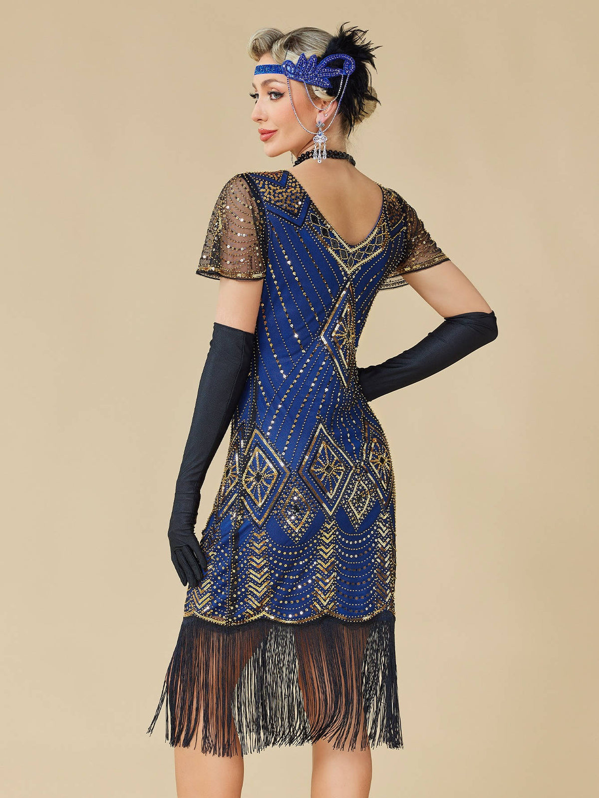 Womens Flapper 1920s Dress, Great Gatsby Roaring 20s Costume, Beaded Sheer Sleeves with Accessories