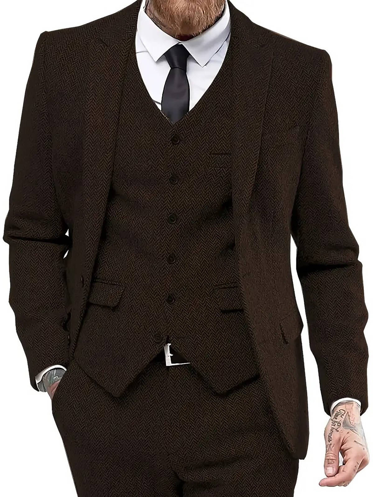 Men's 3 Piece Tweed Suit, Herringbone Blazer, Vest & Pants, Formal Business & Groom Outfit