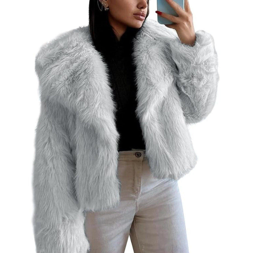 Womens Cropped Faux Fur Jacket, Fluffy Long Sleeve Winter Coat