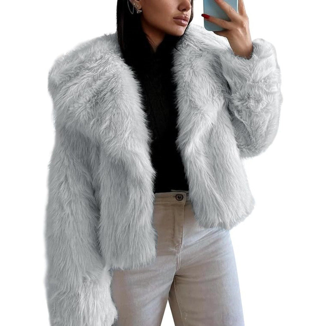 Womens Cropped Faux Fur Jacket, Fluffy Long Sleeve Winter Coat