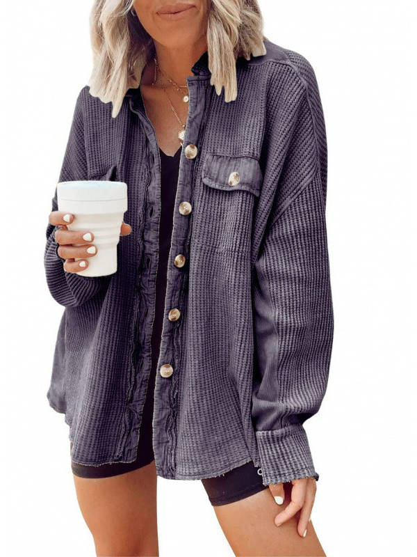 Oversized Waffle Knit Shirt Women Fall Shacket, Corduroy Long Sleeve Button Down Shirt Jacket