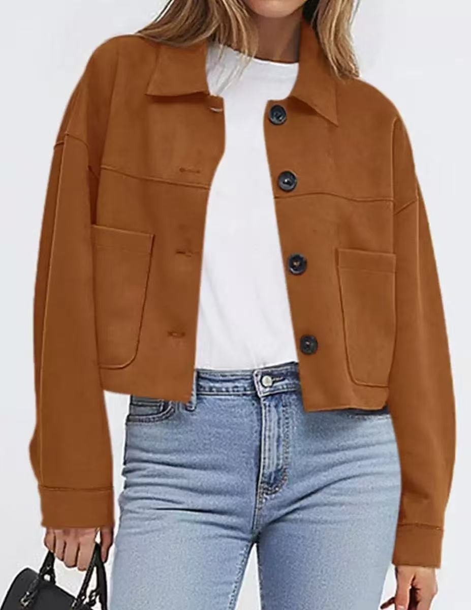 Womens Faux Suede Cropped Jacket, Lightweight Button Down Collared Shacket with Patch Pockets