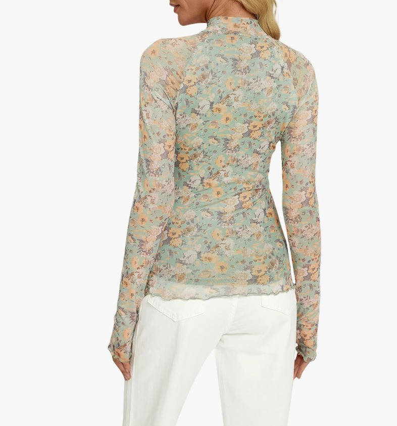 Women's Lace Sheer Floral Mesh Tops, Slim Fitted Lightweight Going Out Top, Fashion Fall Outfits with Thumb Holes
