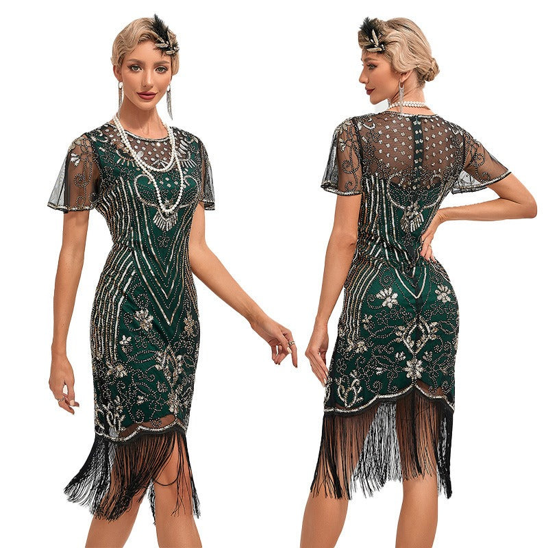 Womens Flapper Dress, 1920s Dress, Great Gatsby Lace Neck, Roaring 20s Costume with Sleeves