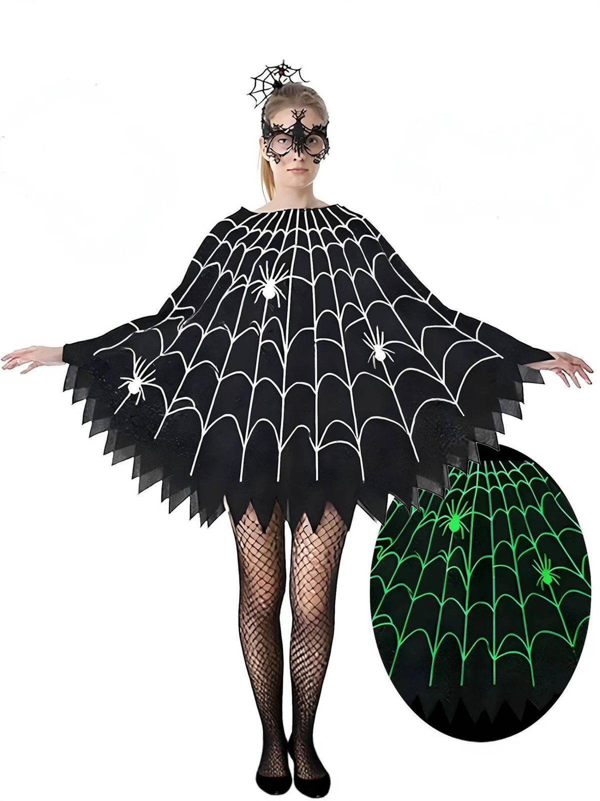 Spider Web Poncho for Women, Glow in the Dark Halloween Costume Dress with Headband and Mask for Cosplay