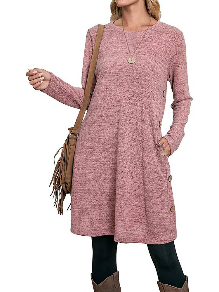 Womens Fall Dress, Crew Neck Long Sleeve Dress, Casual Midi Dress with Pockets