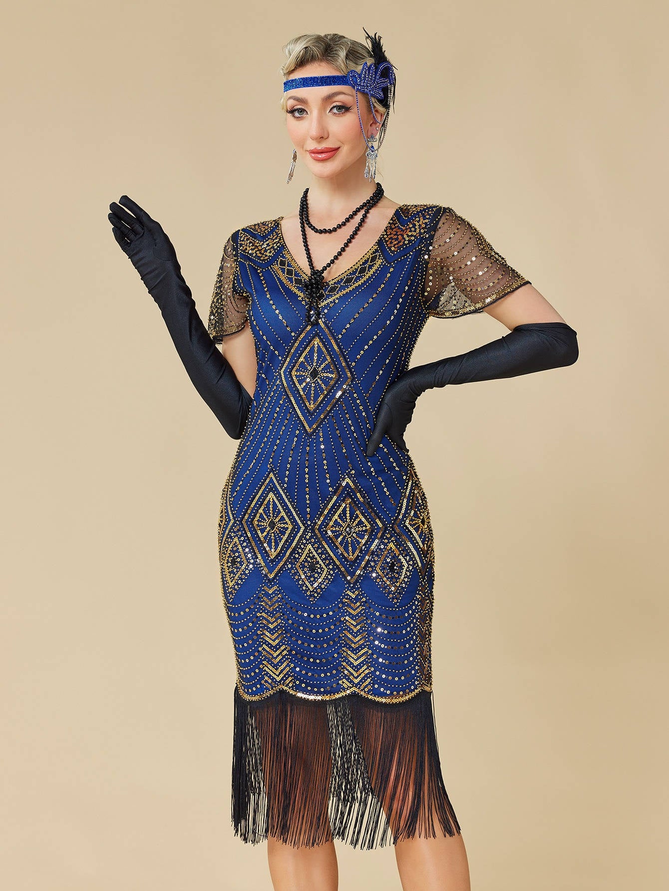 Womens Flapper 1920s Dress, Great Gatsby Roaring 20s Costume, Beaded Sheer Sleeves with Accessories
