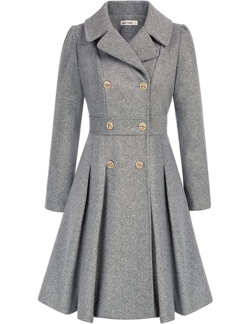 Womens Double Breasted Trench Coat, Thick A Line Peacoat, Notch Lapel with Pockets