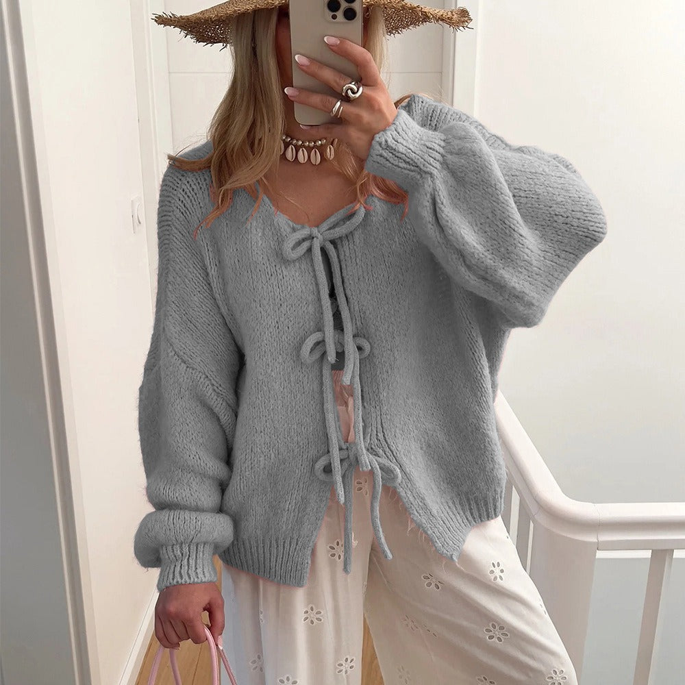 Womens Tie Front Bow Cardigan Sweater, Cozy Chunky Knit Long Puff Sleeve Open Front Sweater Jacket