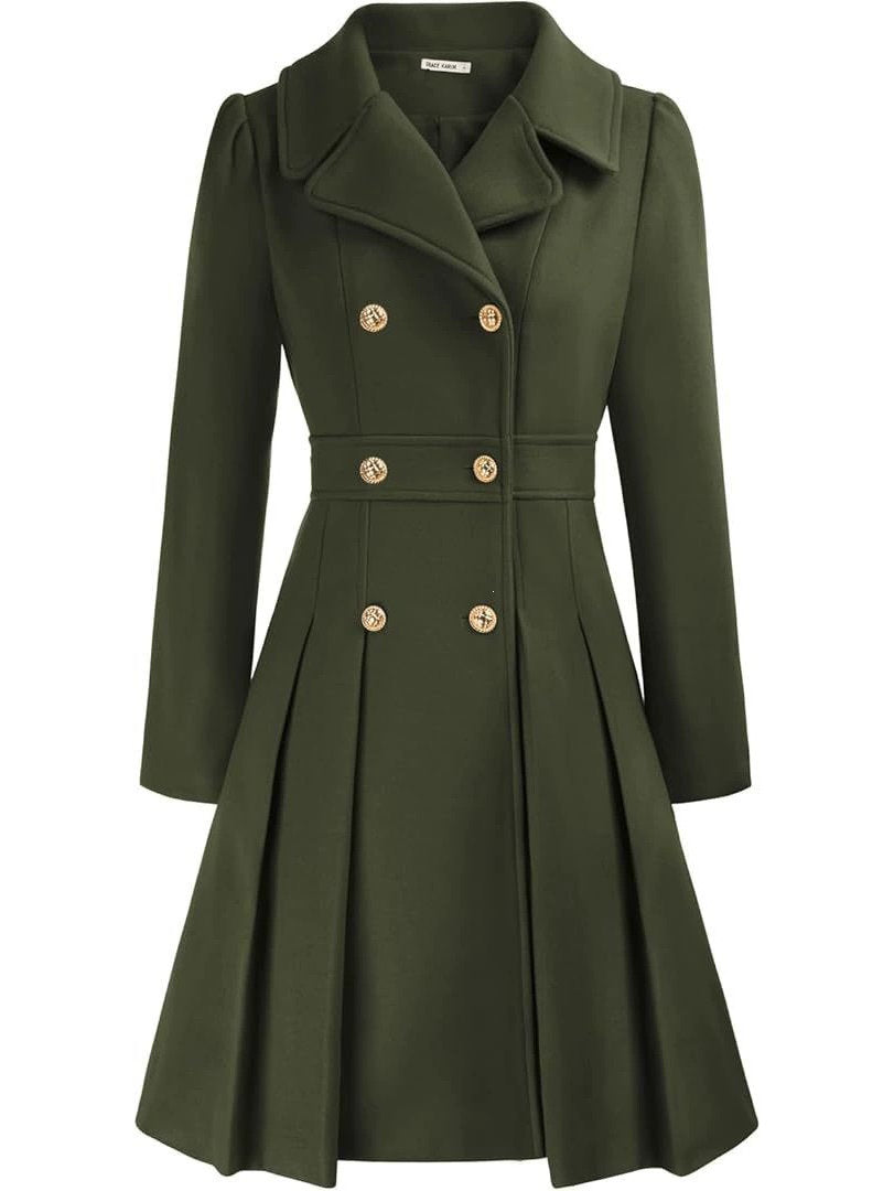Womens Double Breasted Trench Coat, Thick A Line Peacoat, Notch Lapel with Pockets