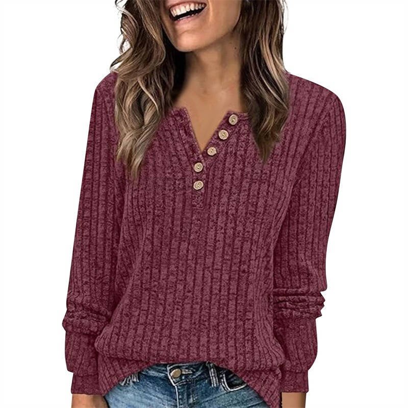 Ribbed Long Sleeve Henley Shirts for Women, Soft Lightweight Sweater, Loose Fit Office Work Casual Daily Wear Tunic, Fall Winter Outfit
