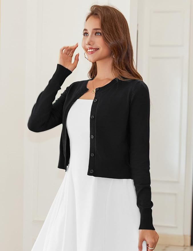 Cropped Cardigan Bolero Shrug for Women, Button Down Long Sleeve Knit Sweater for Dresses and Jeans