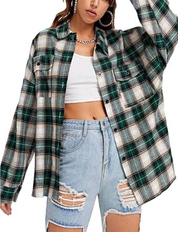 Women's Flannel Plaid Shirts, Oversized Button Down Shirt, Casual Flannel Blouse Top