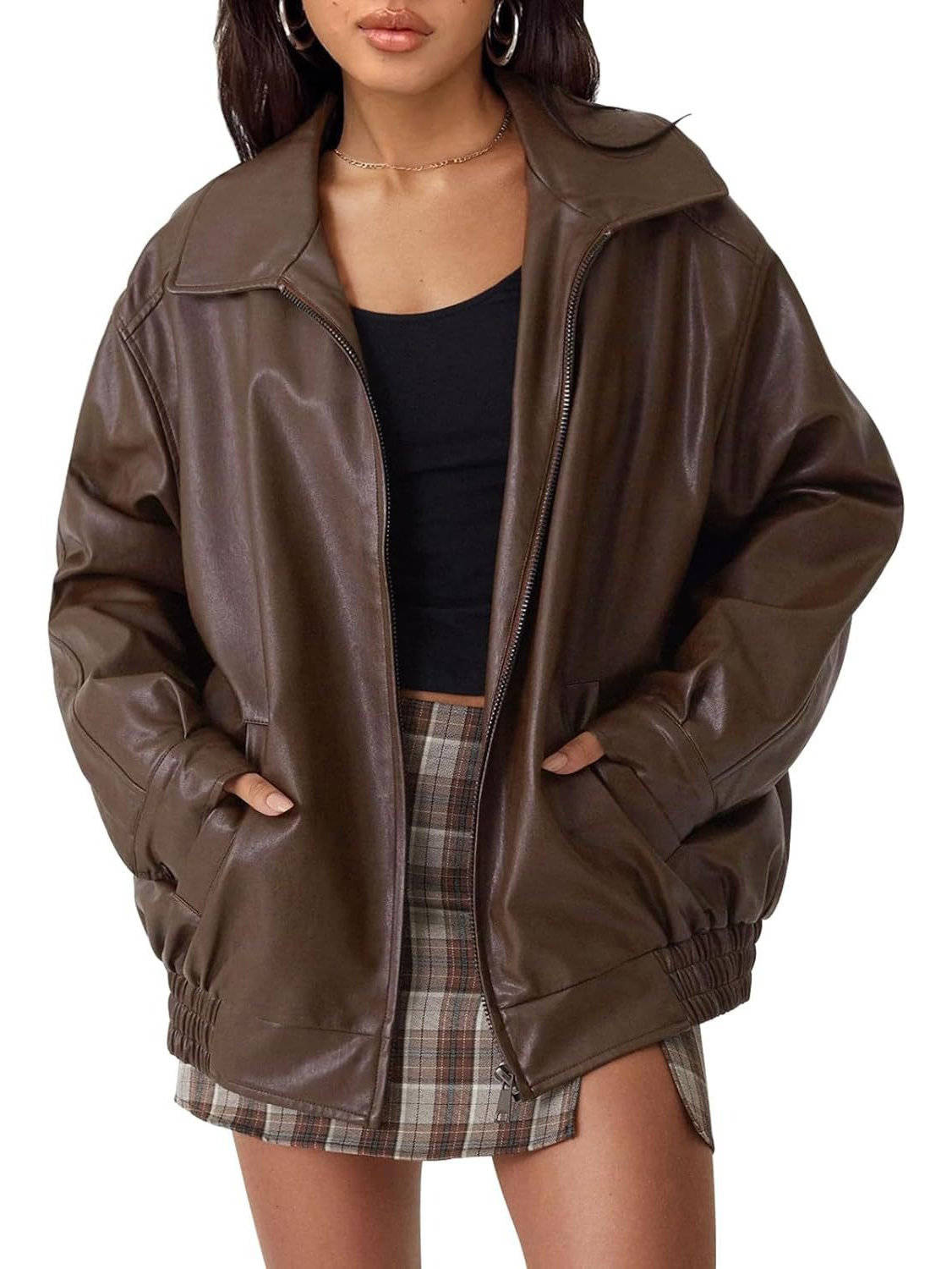 Womens Oversized Faux Leather Jacket, Boyfriend Biker Moto Coat, Medium Weight Fall Winter Outerwear