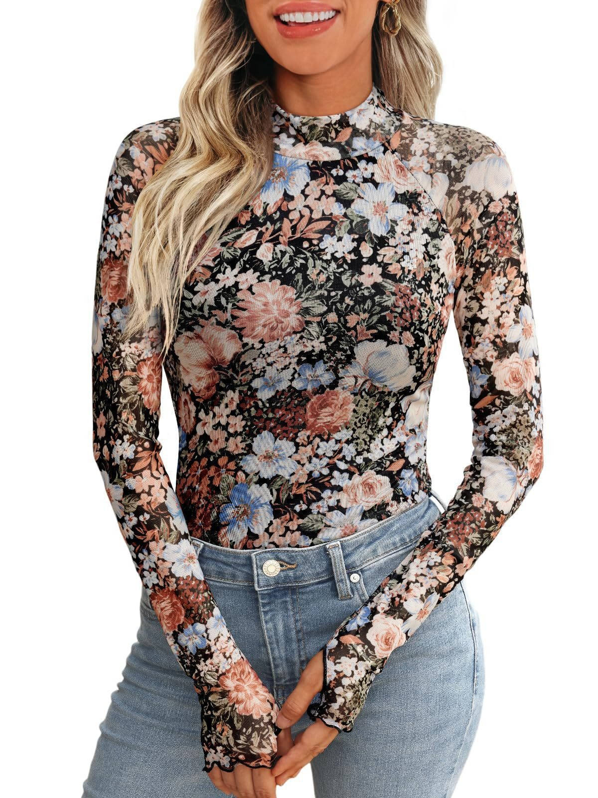 Women's Lace Sheer Floral Mesh Tops, Slim Fitted Lightweight Going Out Top, Fashion Fall Outfits with Thumb Holes