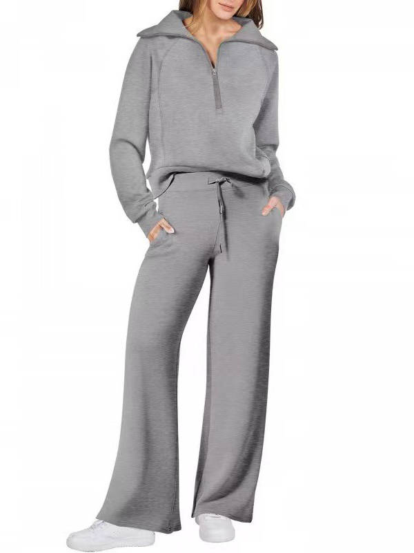 Women's 2 Piece Outfits, Casual Lapel Half Zip Sweatshirt and Wide Leg Pants Tracksuit Set