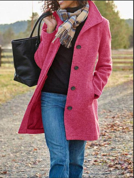Women's Wool Blend Pea Coat, Button Front, Long Sleeve Winter Jacket