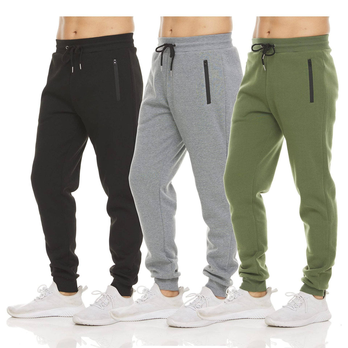 Mens Sweatpants 3 Pack, Fleece Athletic Joggers, Workout Pants with Zipper Pockets